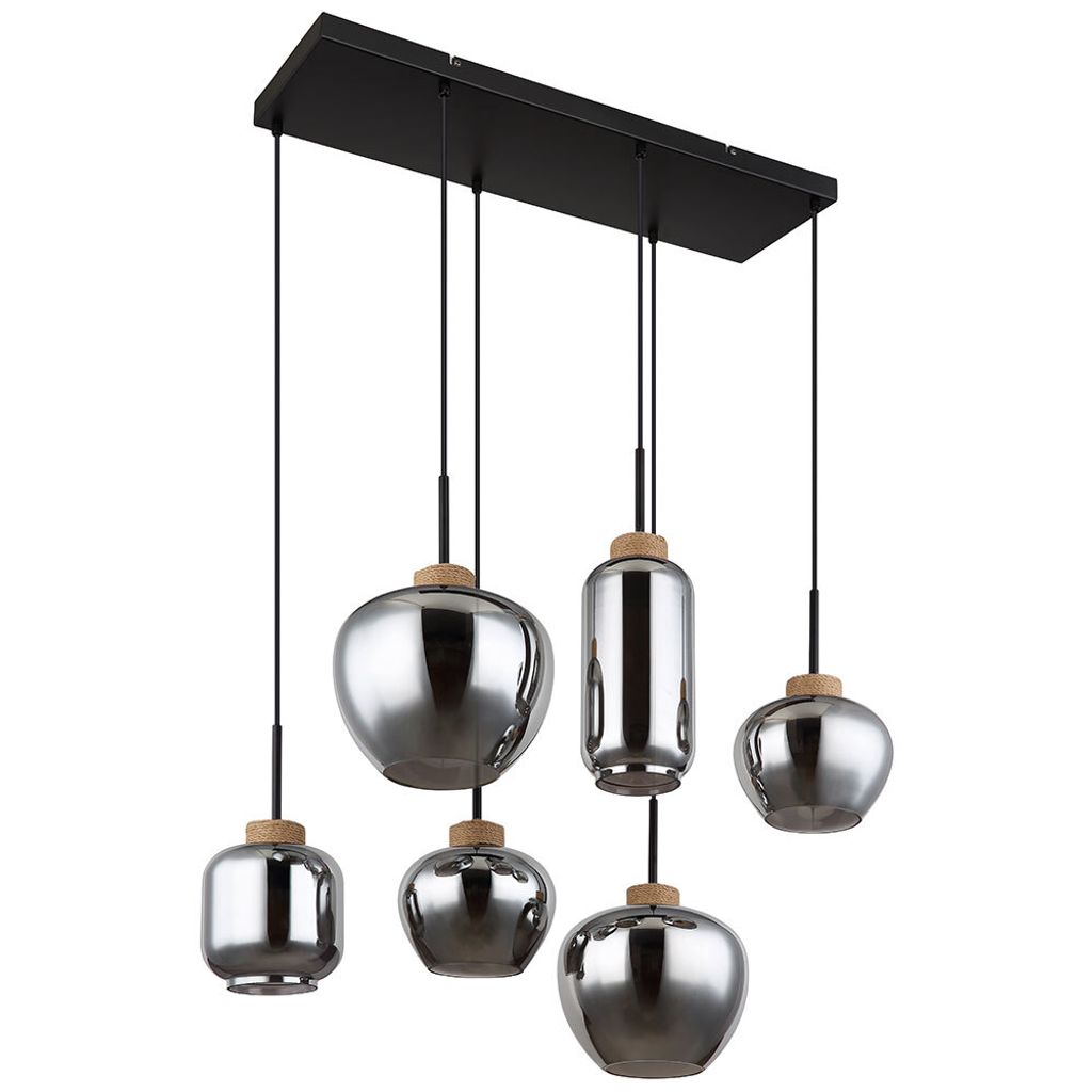 Pendelleuchte, Metall, Schwarz-matt, Glas Rauchfarbe, L 80 cm