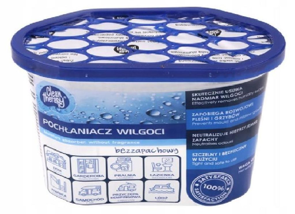 A product shot of a moisture absorber container with text and icons.