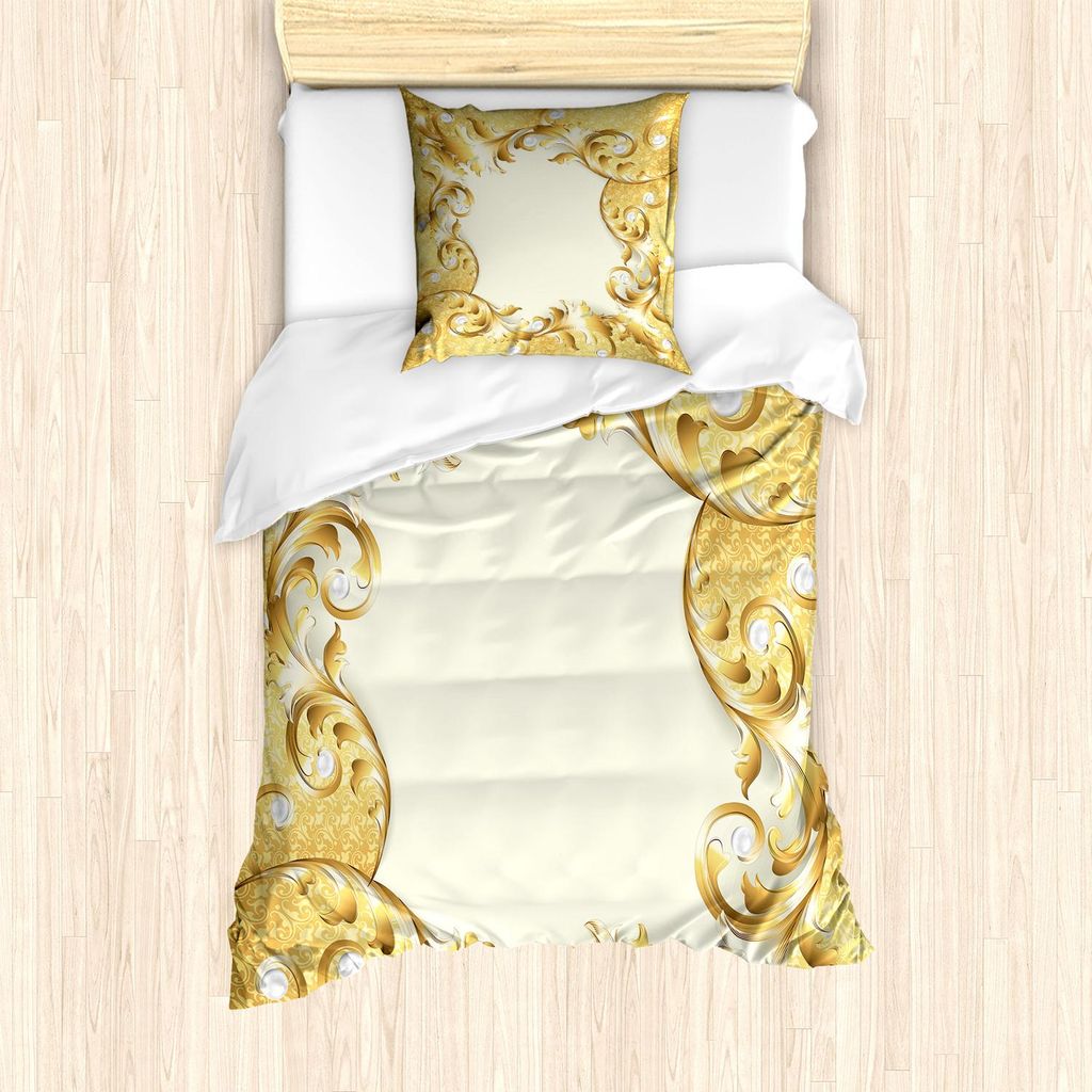 ABAKUHAUS Pearls Bettbezug Set, Illustration Eines Rahmens Mit Verzierungen Und Perlen Barocken Art Blumenmuster, 135 x 200 cm + 80 x 80 cm, Creme ...