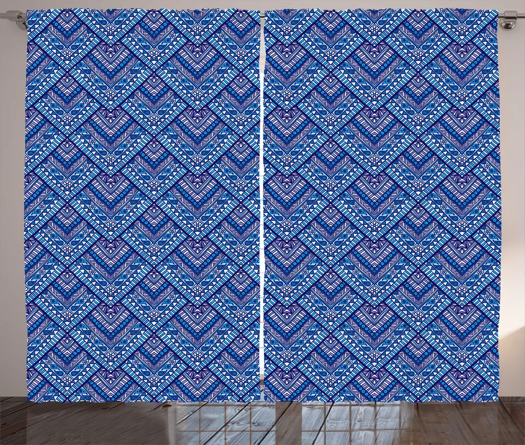 Rideaux de salon universels bleu cobalt à motifs géométriques anciens