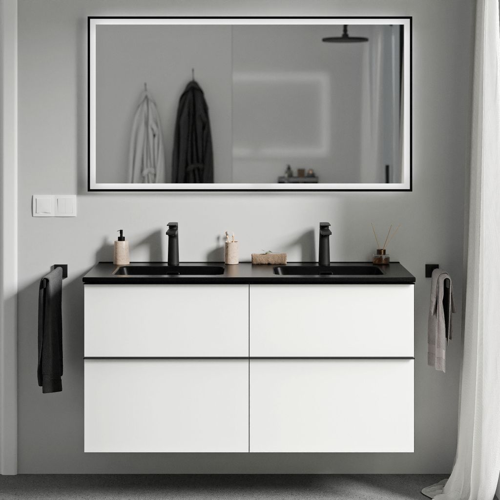 Waschtischunterschrank LAVOA 120 cm mit Doppelwaschbecken - Farbe wählbar, Farbe Badmöbel:Weiß matt, Waschbecken:Schwarz matt, Metallgriff:Chrom
