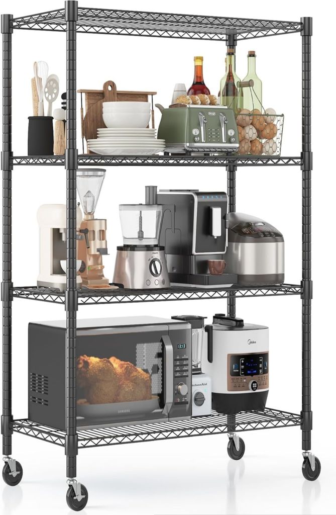 A four-tier wire shelving unit filled with kitchen appliances and accessories.