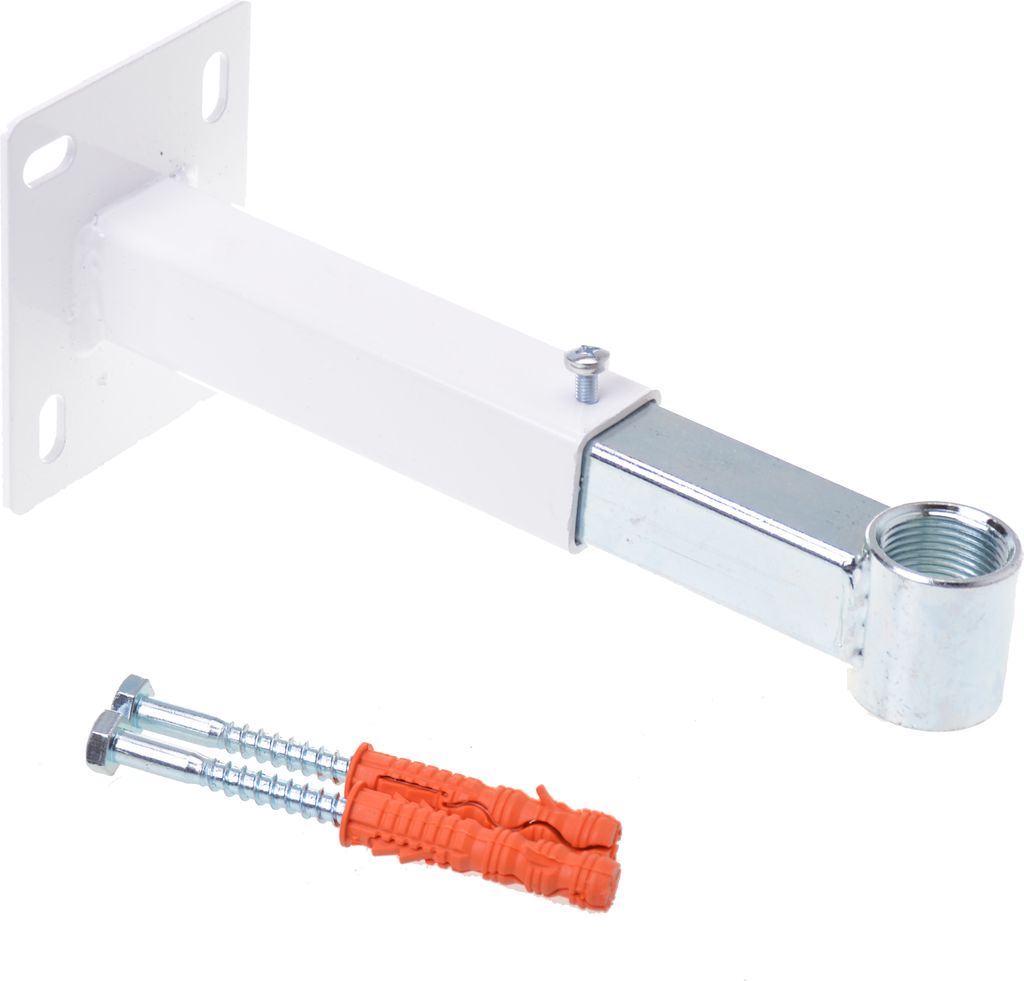 A white metal bracket with a silver threaded end and a pair of wall anchors and bolts.