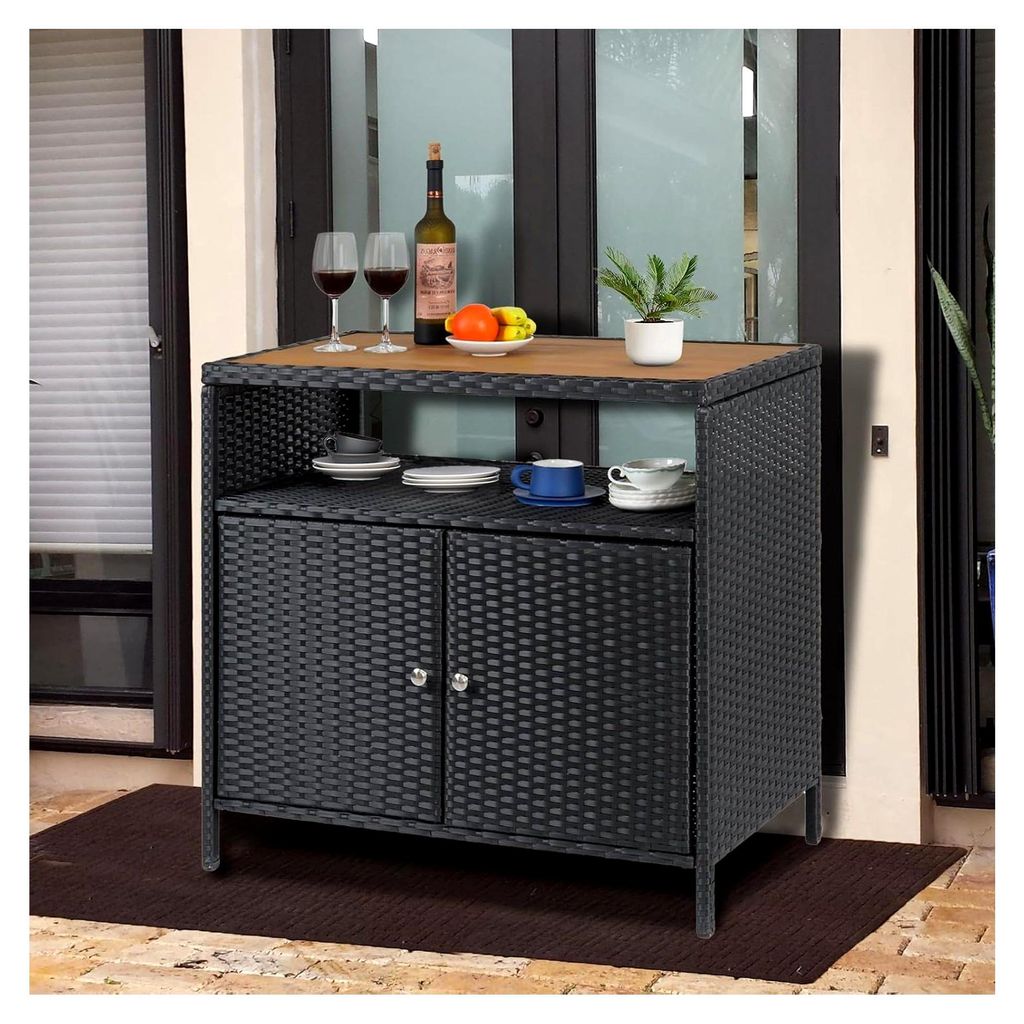 Gartenschrank aus wetterfestem Rattan mit zwei Türen und Einlegeböden, Konsolentisch aus Korbgeflecht für Garten, Pool, Küche, 90 x 53 x 85 cm,...