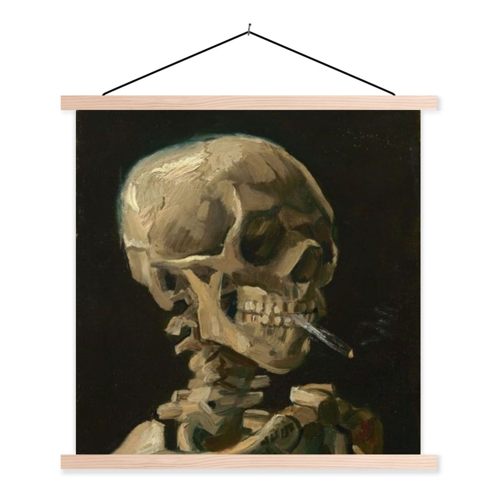 MuchoWow Textilposter Skelettkopf mit brennender Zigarette - Vincent van Gogh 60x60 cm mit holzfarbenen Rahmen - Wanddekoration