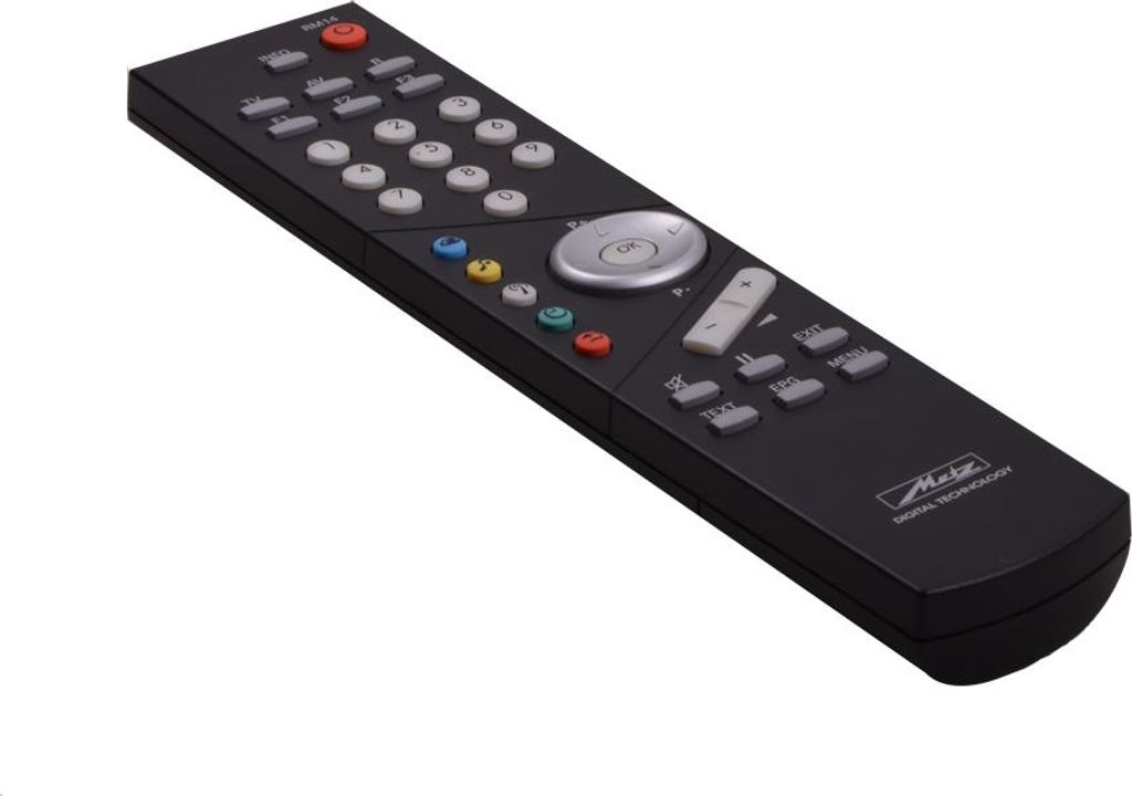 A black remote control is shown against a white background.