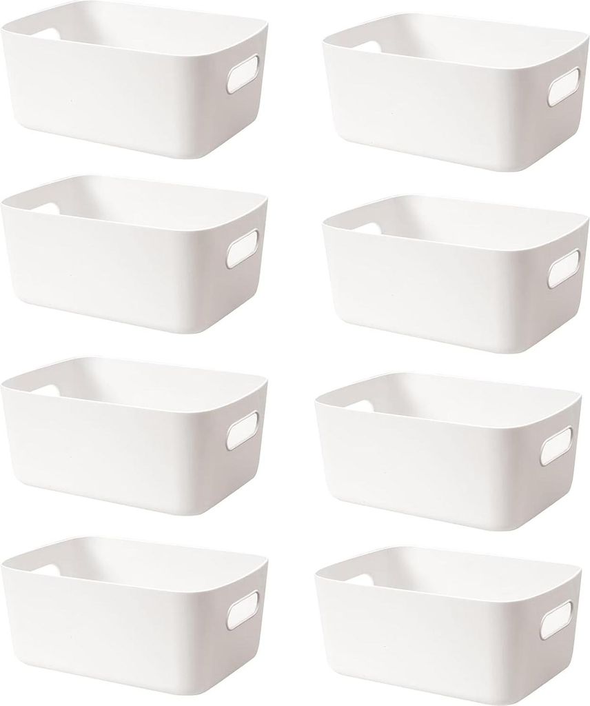 Aufbewahrungsbox Set, 8 Stück, 30 cm, Kunststoff Organizer mit Griffen, Weiß, Stapelbare Körbe für Badezimmer und Küche