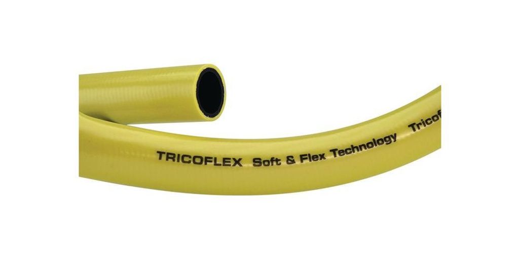 A yellow hose with black interior, coiled and presented against a white background.