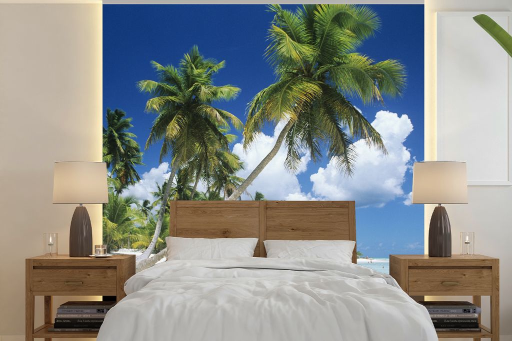 MuchoWow Fototapete für Wohnzimmer oder Schlafzimmer Wandtapete Vinyl Motivtapete Strand - Palme - Tropisch - 260x260 cm - Papiertapeten