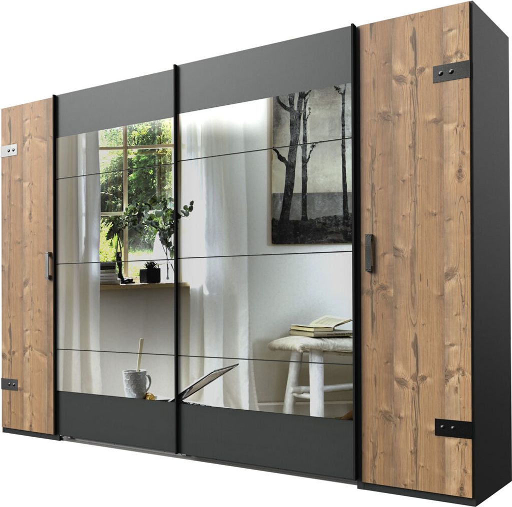 Dreh-/Schwebetürenschrank Stockholm Kleiderschrank mit Spiegel Ausführung wählbargraphit / Edeltanne