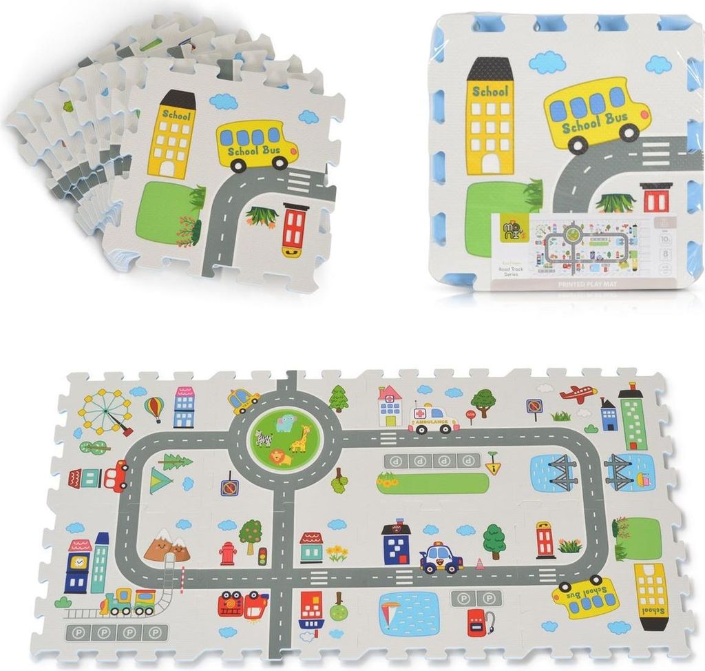 Moni Spielmatte Road Truck 8-teilig Teilegröße 31 x 31 cm Rennstrecke EVA-Schaum grau