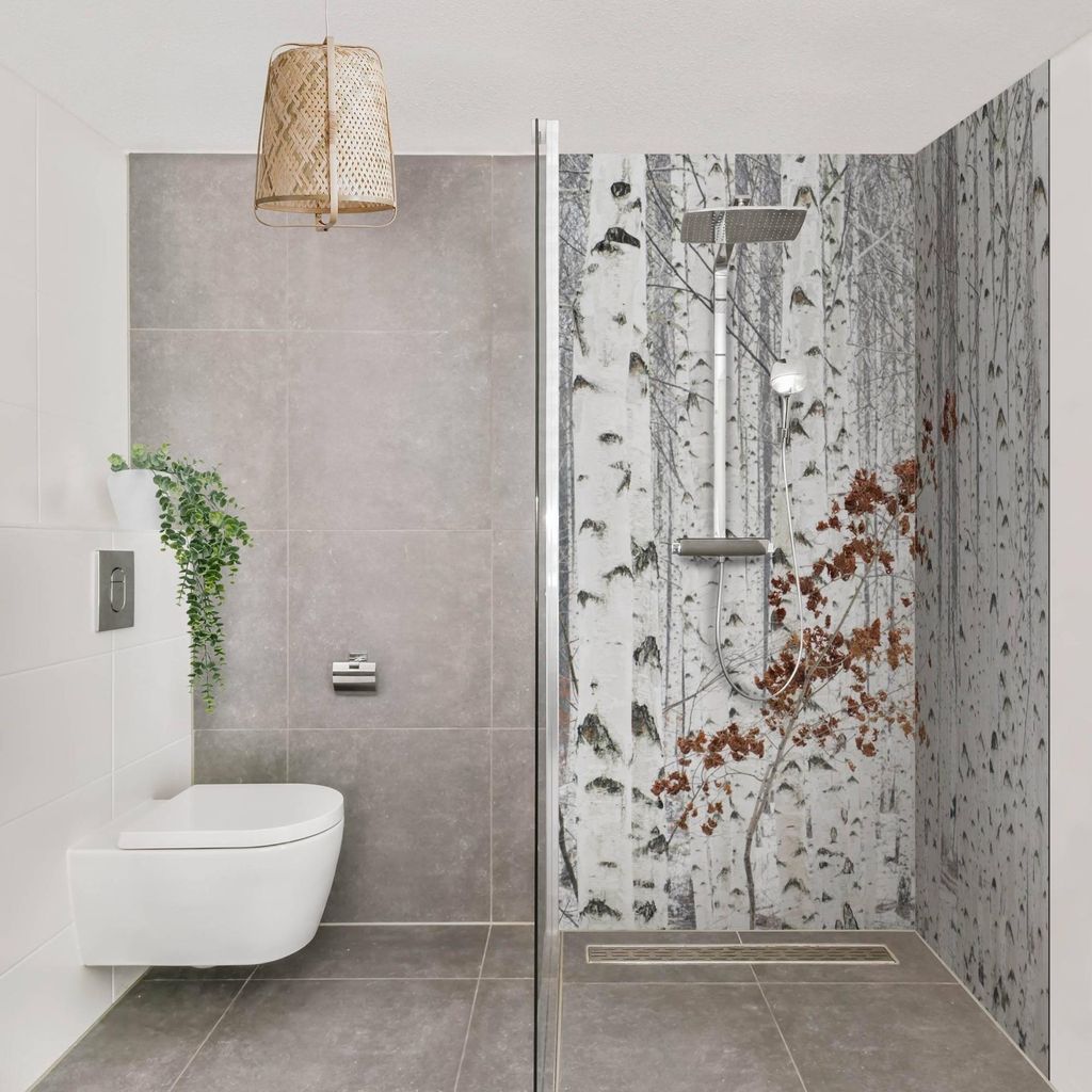 Duschrückwand Wald selbstklebend - 0.61 mm Wandpaneel wasserfest Design weiss Motiv Badrückwand fugenlos Teiligkeit Duschrückwand: 2 Elemente Gr...
