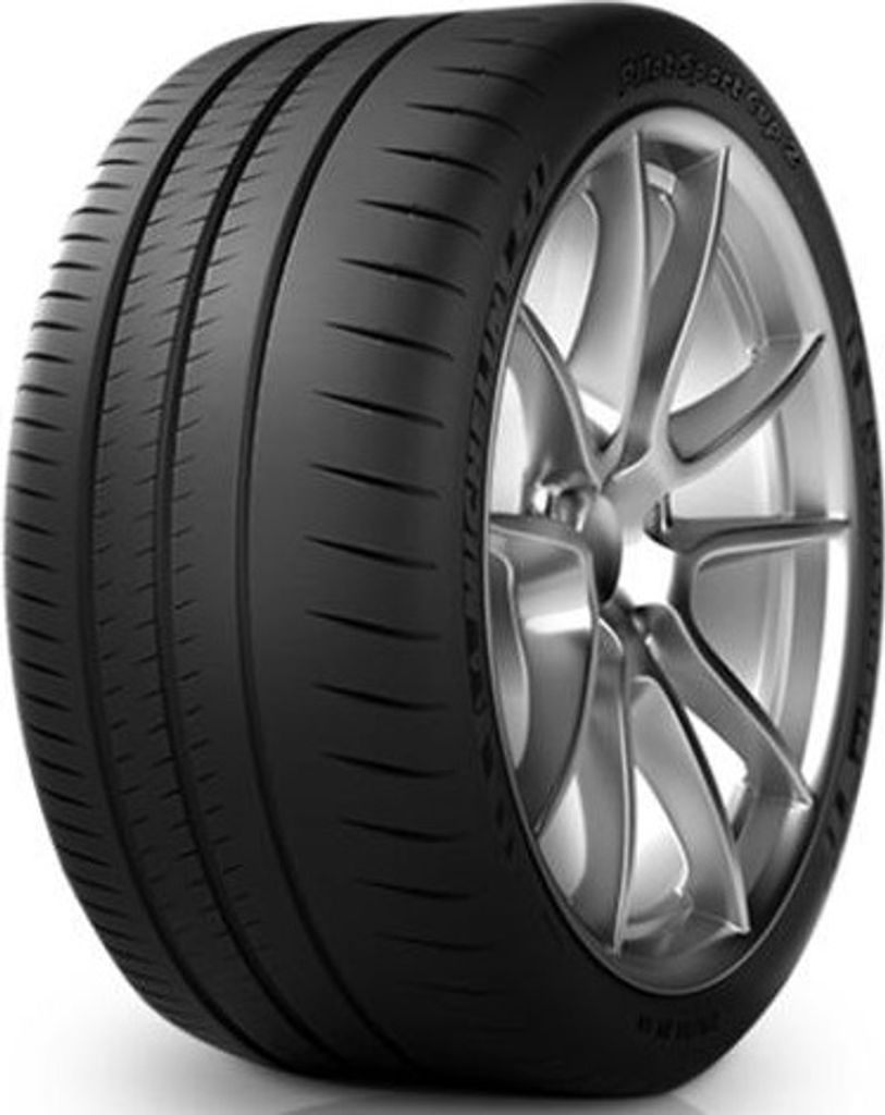 A close-up studio shot of a Michelin Pilot Sport Cup 2 R Connect tire mounted on a silver alloy wheel.