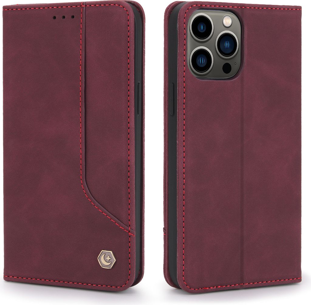 iPhone 14 Pro Hülle, Retro Kunstledertasche Schutzhülle mit Kartenfach Standfunktion für iPhone 14 Pro Rot