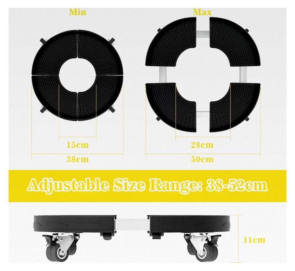 Pflanzenroller für den Außenbereich, wetterfest, Ø 38-50 cm, Rollbrett für Pflanzen bis 200 kg, runder Blumenroller mit 360° drehbaren Rädern...