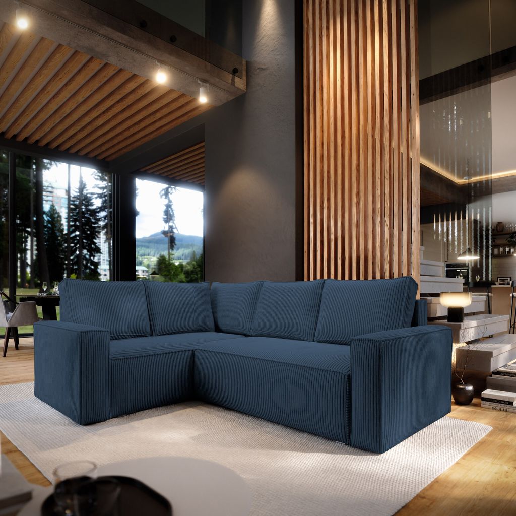 Masseno Ecksofa ESTANO L-S mit Schlaffunktion L-Form, Sofa mit Bettkasten, Wohnzimmersofa, Couch, Soffa, Bettsofa, Couchgarnitur- Blau, POSO 05