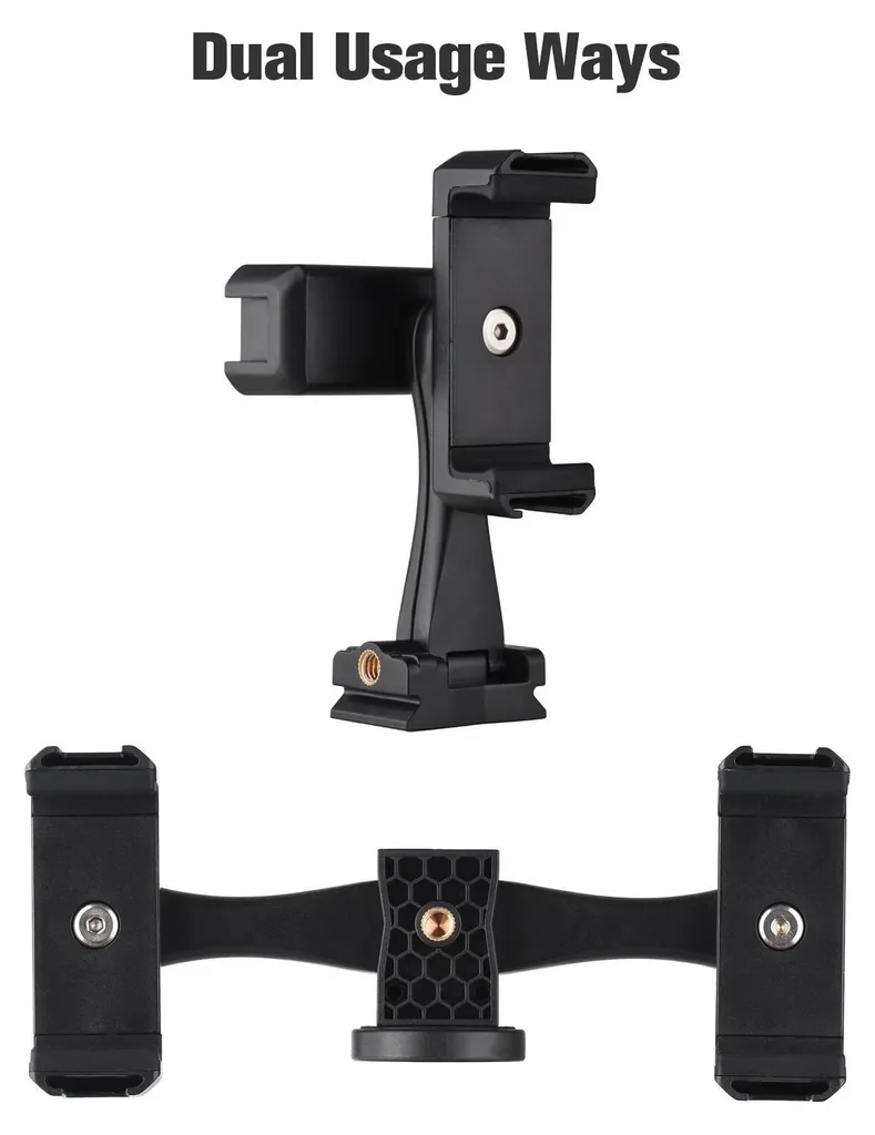 Andoer AD-04 Supporto universale per telefono con due staffe, morsetto verticale orizzontale, 4 supporti multifunzione per smartphone con slitta a contatto freddo per vlog, live streaming, lezioni video online - 1