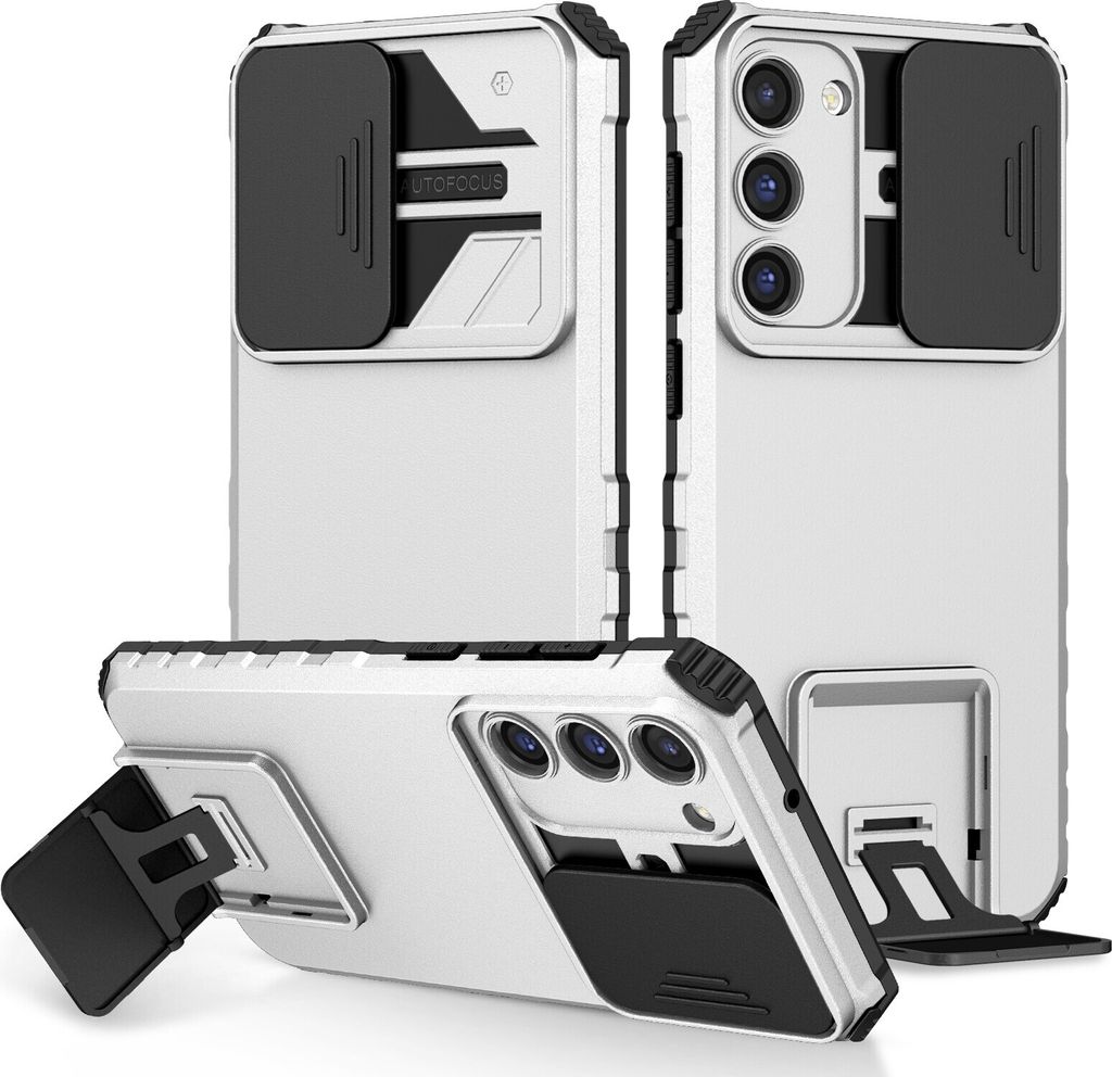 Multiple views of a white and silver smartphone case with a black sliding camera cover and a kickstand.