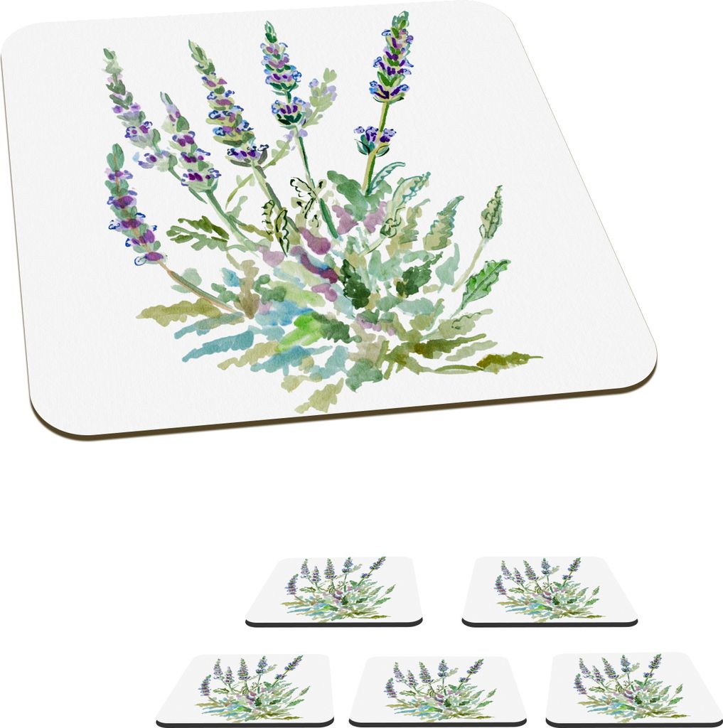 KitchenYeah Glasuntersetzer Quadratisch 6er Set Aquarell - Lavendel - Blätter - Details 10x10 cm Untersetzer für Gläser - Getränkeuntersetzer...