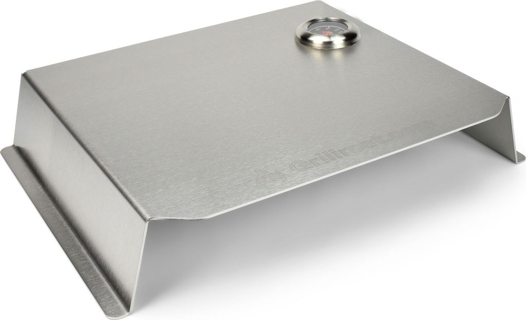 A stainless steel pizza attachment for a gas grill, with a thermometer on top.