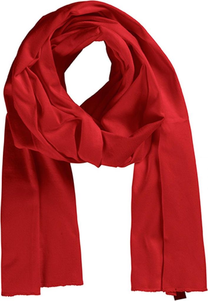 A red scarf laid out against a white background.