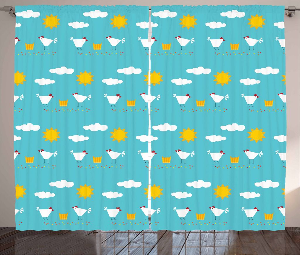 ABAKUHAUS Karikatur Rustikaler Gardine, Glückliche Funny Farm Morgen, Schlafzimmer Kräuselband Vorhang mit Schlaufen und Haken, 280 x 175 cm, Aqu...