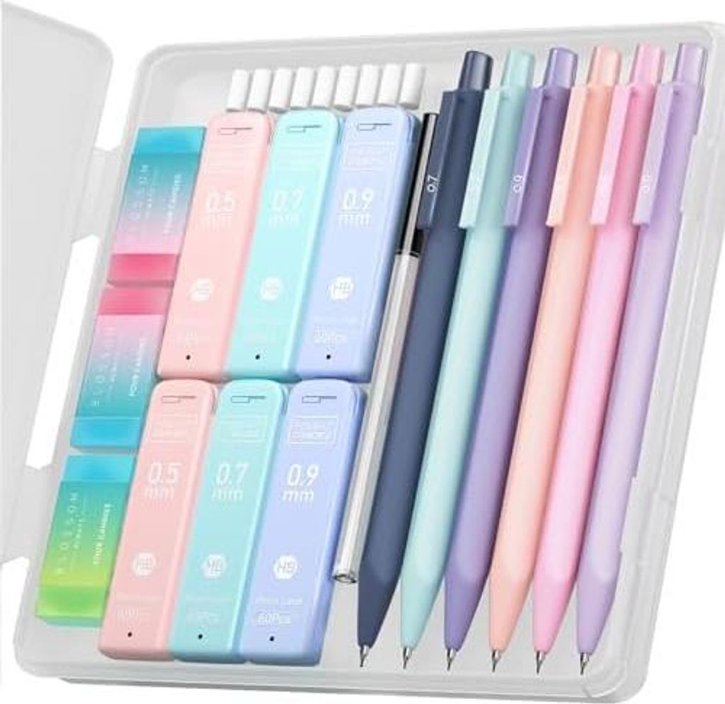 Four Candies Druckbleistift Set, 6 Stück Minenbleistift 0,5 & 0,7 &0,9 mm, 360 Minen HB, 3 Radierer, Mechanischer Bleistifte Coole Stifte Schulsac...