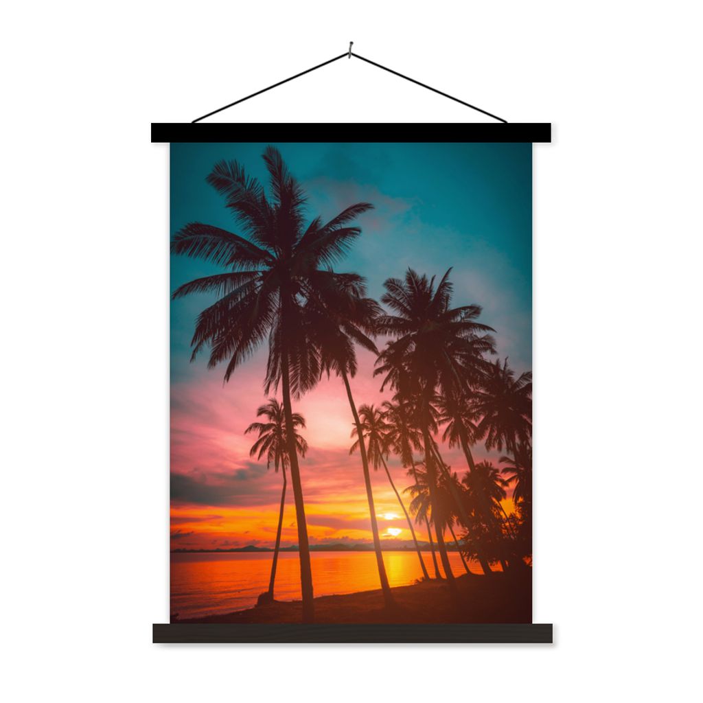 MuchoWow Textilposter Meer - Palme - Sonnenuntergang - Strand - Silhouette 120x160 cm mit schwarzem Rahmen - Magnetischer