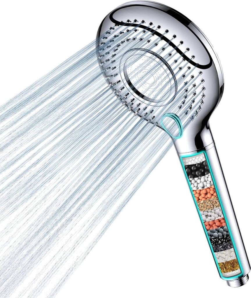 Hochdruck-Handdusche mit Filter - 15-lagiges Filtersystem - 15m Schlauch - Wasserspar-Duschkopf - Entfernt hartes Wasser, Chlor, Bakterien, Schwerm...