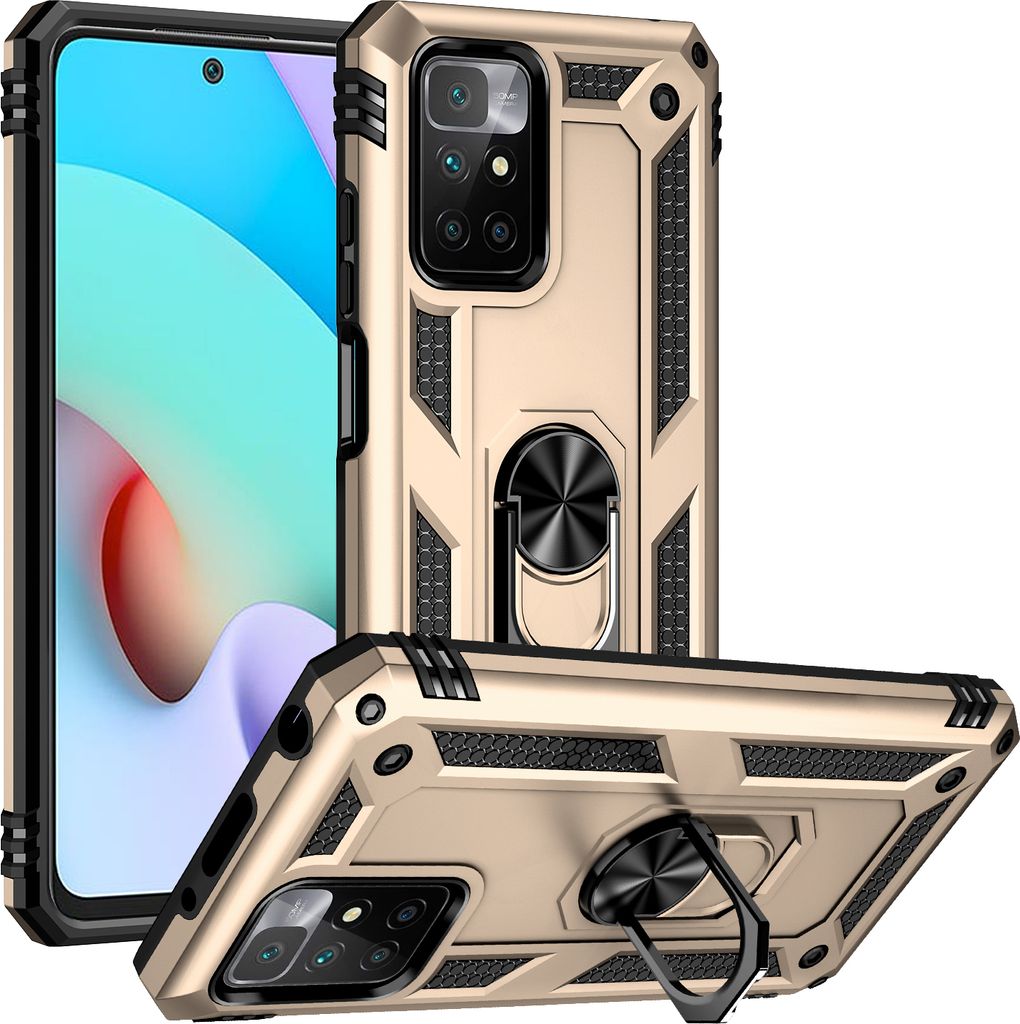 Redmi 10 Hülle, Dual Layer Militäre Fallschutz Schutzhülle mit Ringhalterung Ständer für Xiaomi Redmi 10 Gold