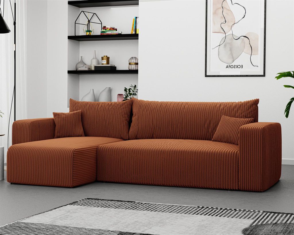 Ecksofa mit Schlaffunktion Sofa LUNA Stoff Poso Rostbraun Ottomane Links
