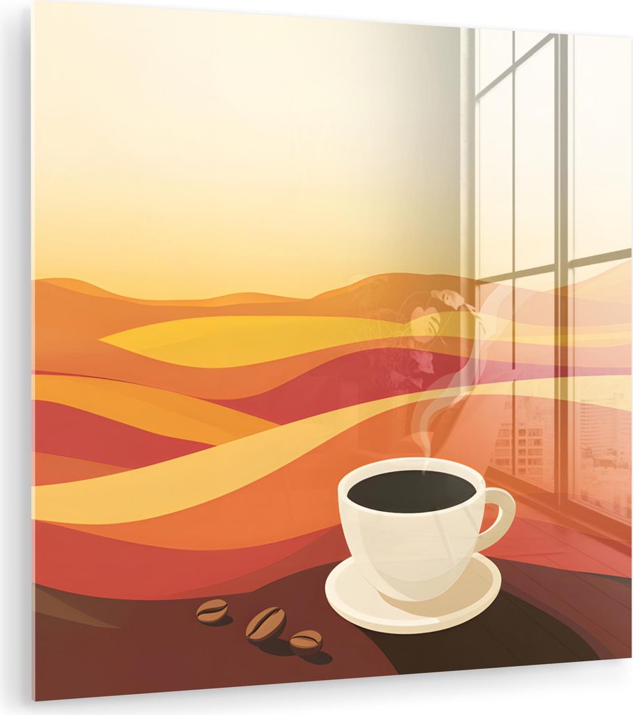 MuchoWow Glasbilder - Bilder auf Wandbild - Foto auf Glas Kaffee - Landschaft - Orange - Kaffeebohnen 90x90 cm Wanddekoration aus Glas - Acrylglasb...