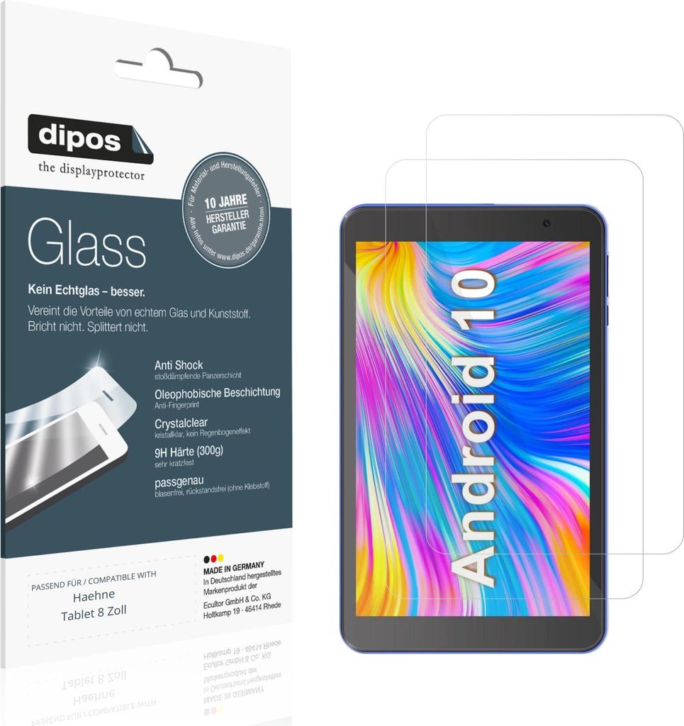 2x Schutzfolie für Haehne Tablet 8 Zoll - Anti-Shock 9H Folie dipos Glass Kunststoffglas