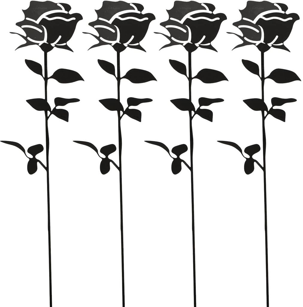4er Set Gartenstecker mit Rosen-Motiv aus Metall, Schwarz, 8,5x42 cm