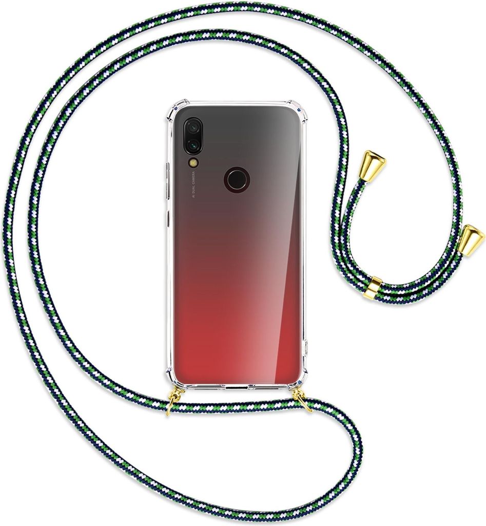Handykette Backcover-Schutzhülle mit Band (Metall goldfarben) für Xiaomi Redmi 7 - grün/blau/weiß