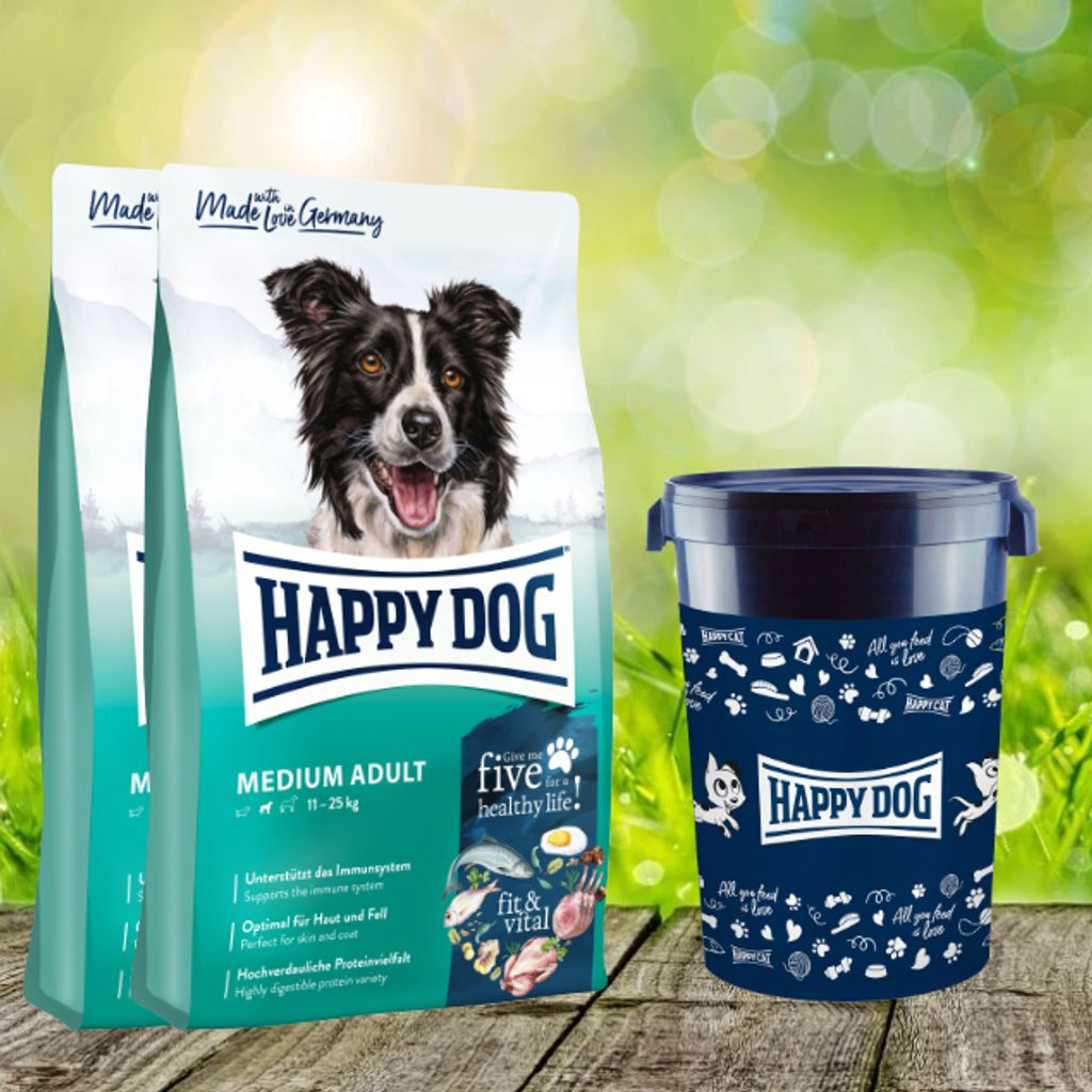 Happy Dog fit & vital Medium Adult 2 x 12 kg + Happy Dog Futtertonne 43 Liter geschenkt