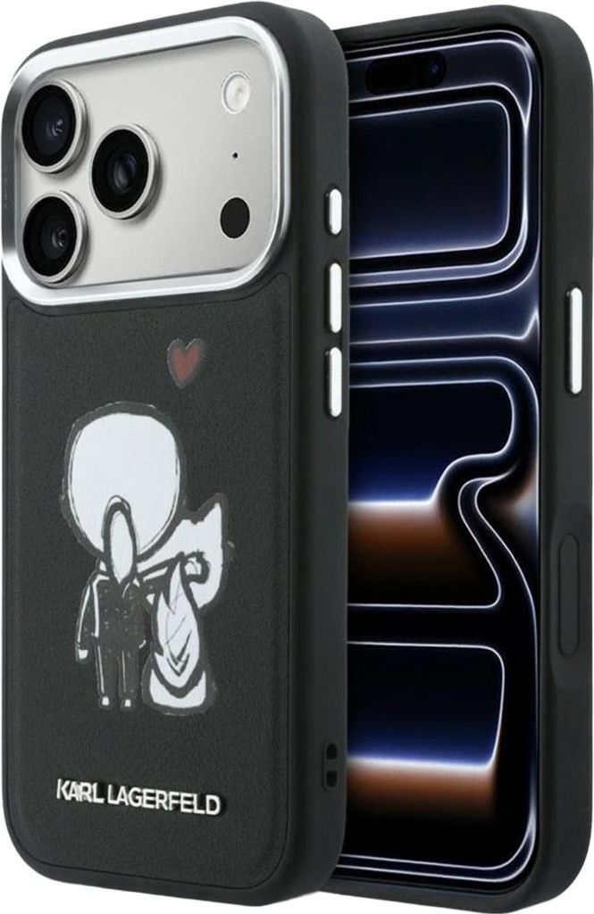 Handyhülle für iPhone 17 Pro, Karl Lagerfeld Hardcase Leather mit MagSafe, Schwarze mit Karl Lagerfeld und seiner Katze Choupette