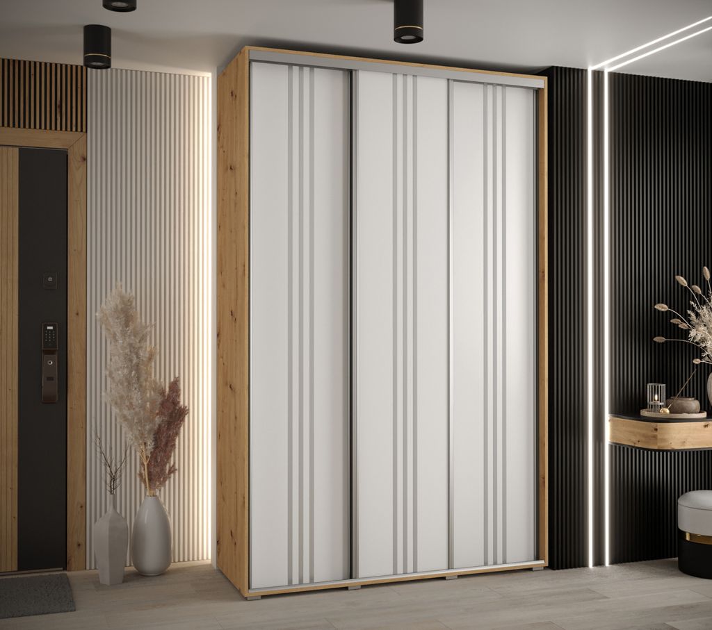 Kleiderschrank ASIRI 6 - 150/60 cm, Artisan-Eiche / Weiß / Silber