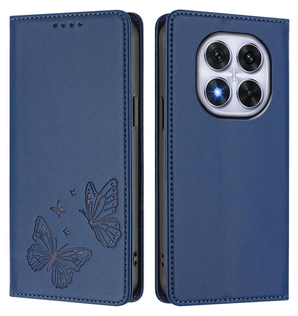 Lederhülle für Xiaomi Redmi Note 14 Pro 4G, Schmetterling Prägung Leder Brieftasche Schutzhülle mit Ständer Dunkelblau