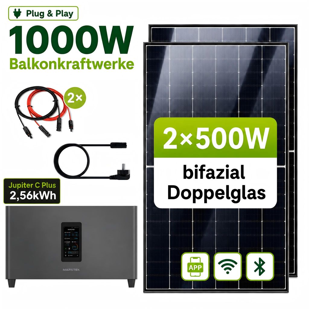 GreenSun Solar 1000W Balkonkraftwerk mit 2,56 kWh Speicher Produktbild 