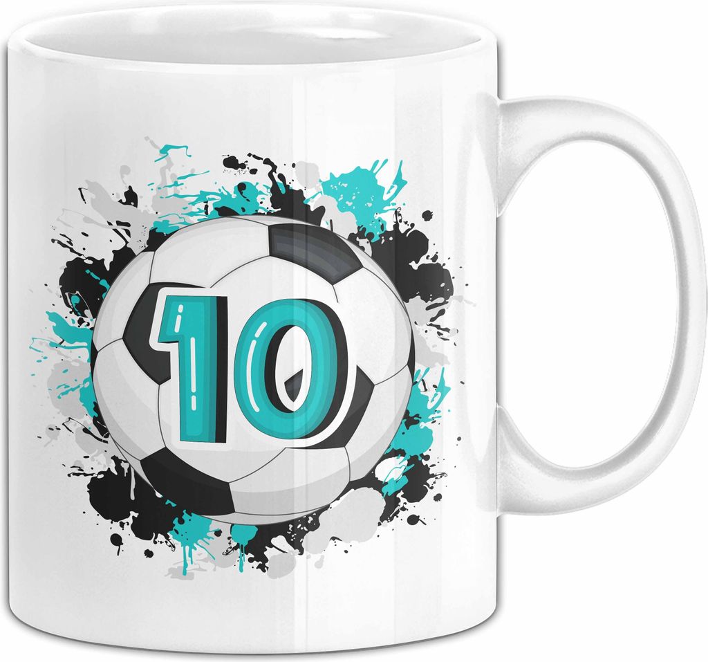 10. Geburtstag Geschenk Tasse Becher Jungs Fußball Geburtstagsgeschenk (Weiß)