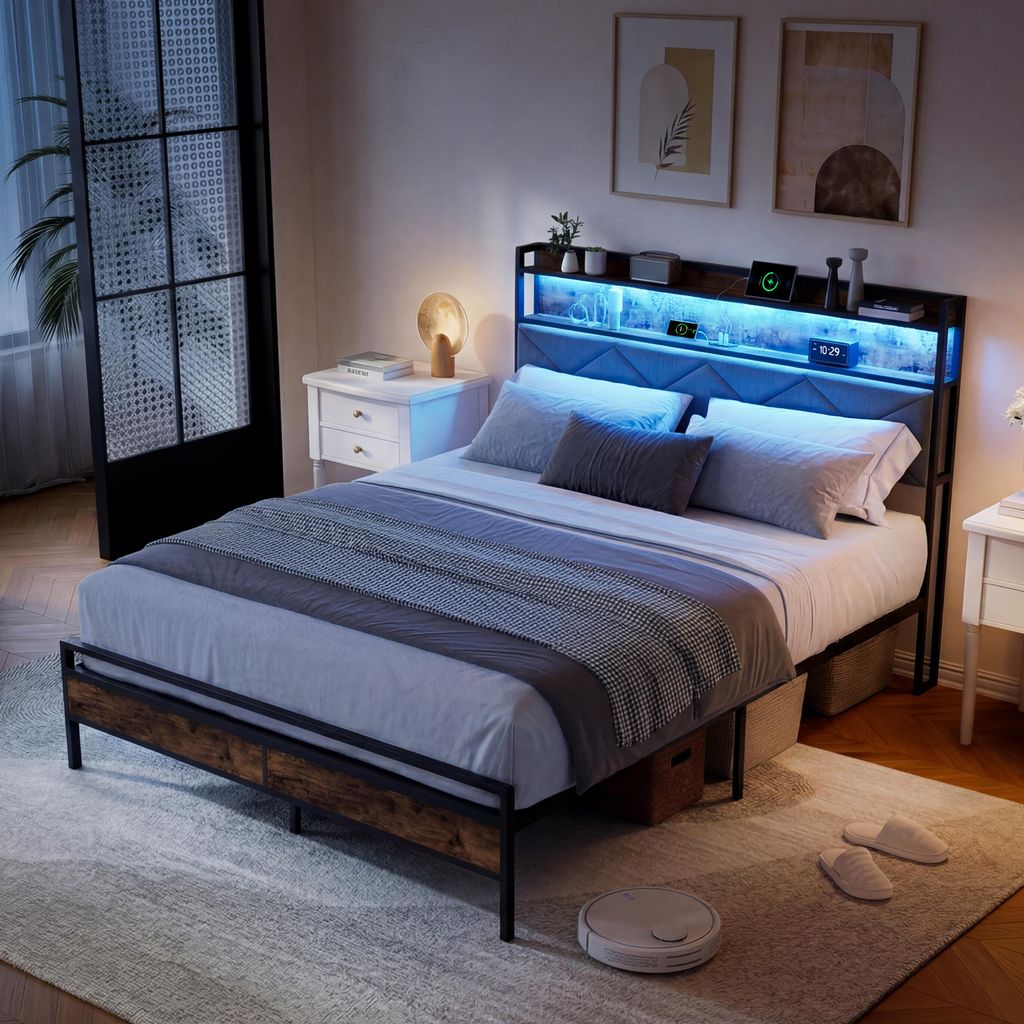 ProximaX 140x200 cm RGB-LED Bettgestell aus Metall & Holz, Kopfteil mit Stauraum & USB-Ladestation, dunkle Maserung / grau