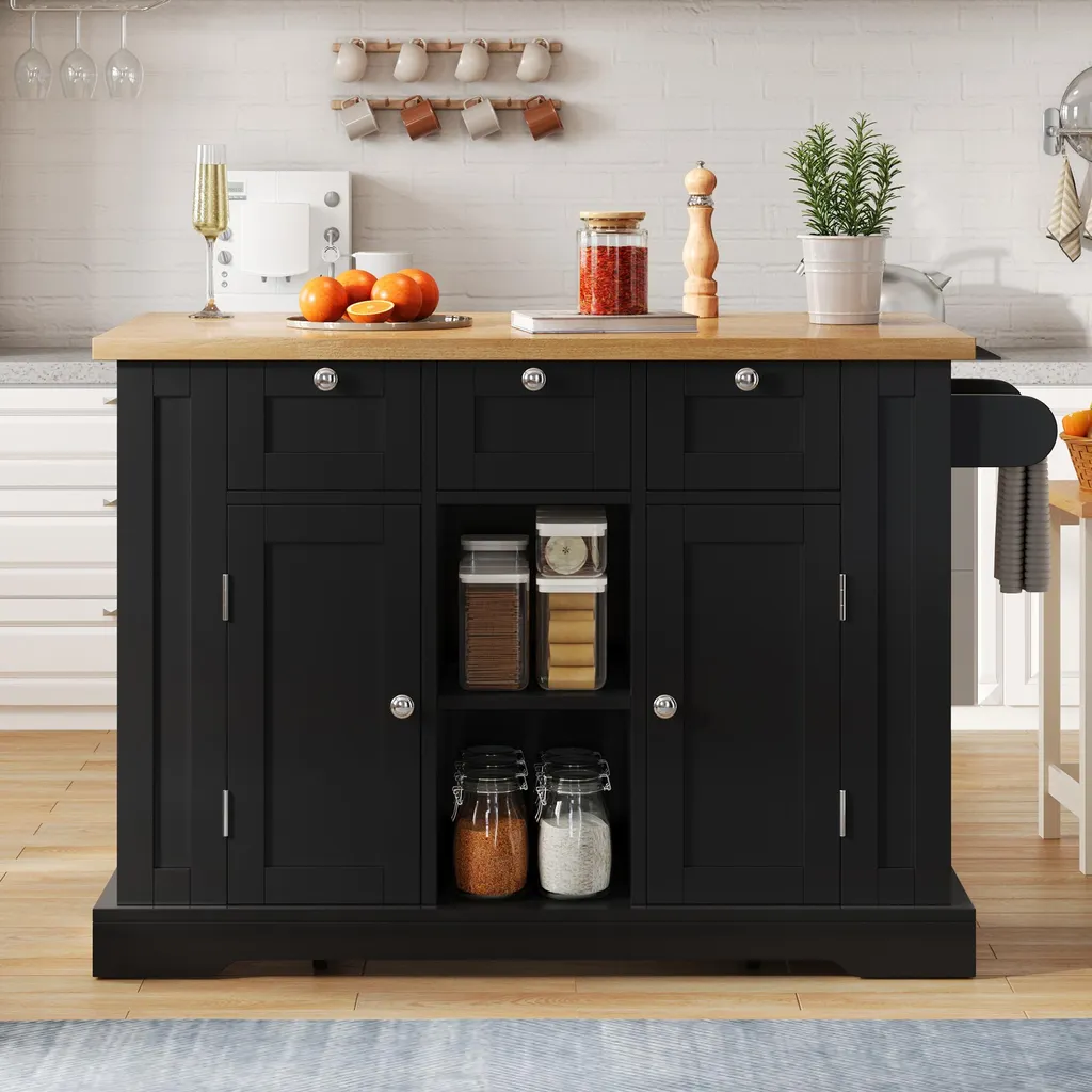 Table de Cuisine Mobile Rustique 132cm avec Prise et Plateau Rabattable