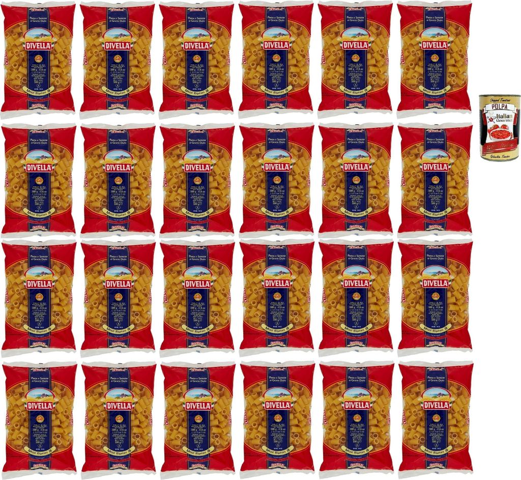 Divella Pasta 100% Italienisch Mezzi Rigatoni N° 18, Nudeln aus Hartweizengrieß, Kochen 9 Minuten 24x 500g + Italian Gourmet polpa 400g