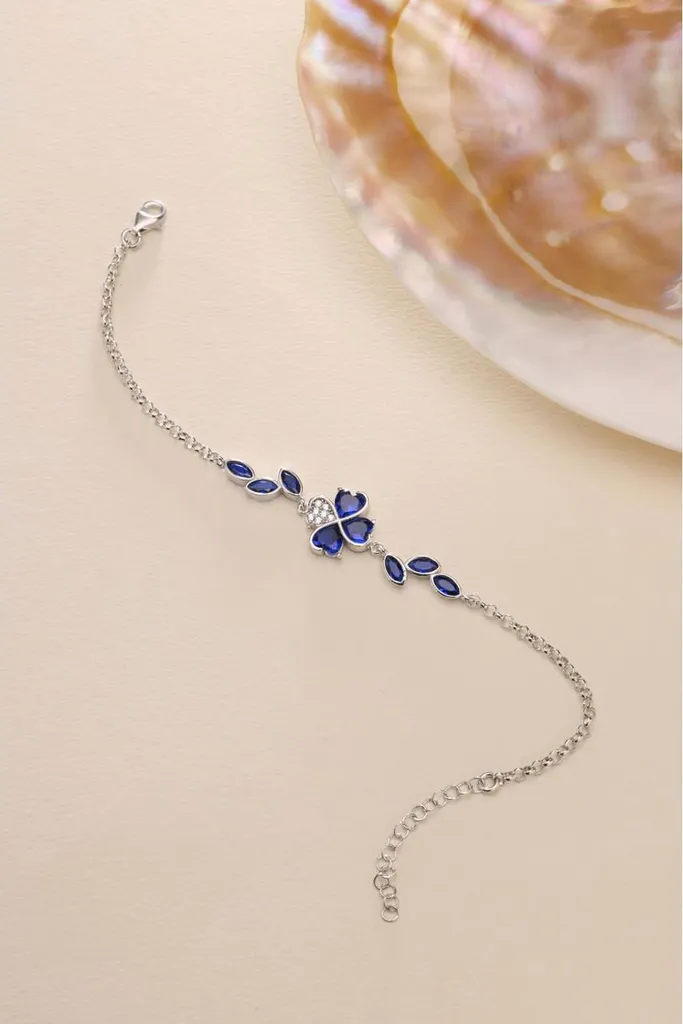 Gourmette Femme Trèfle Bleu Argent 925 - Bracelet Chaîne Doc Élégant