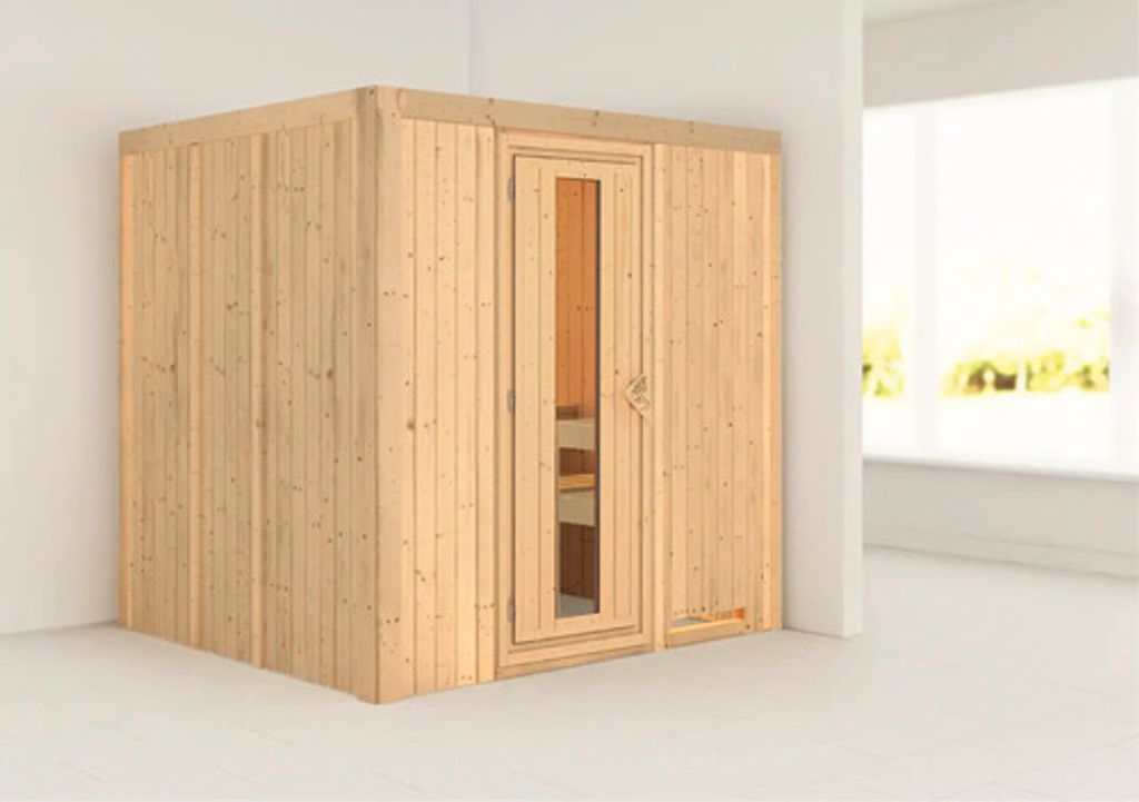 Elementsauna Karibu Sodina ohne Ofen und Dachkranz mit Holztüre und Isolierglas wärmegedämmt