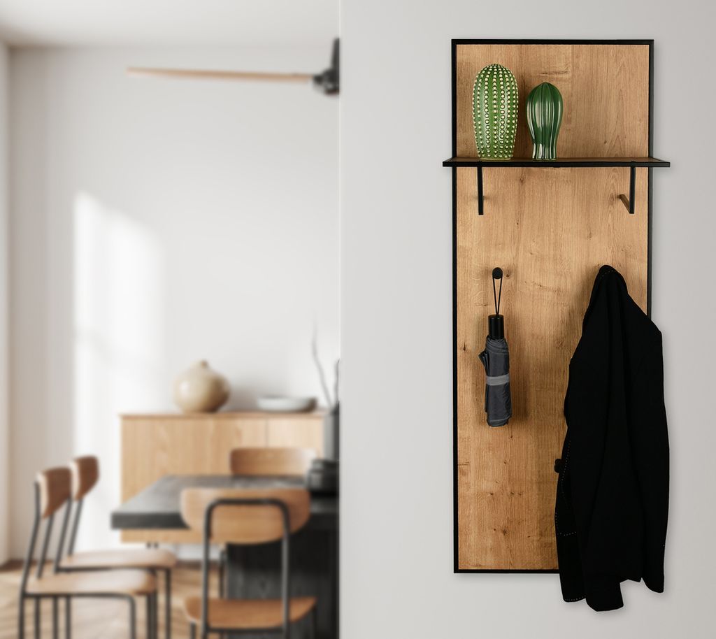Wandgarderobe mit Ablage für Eingangsbereich und Flur Holzoptik + Metall schwarz