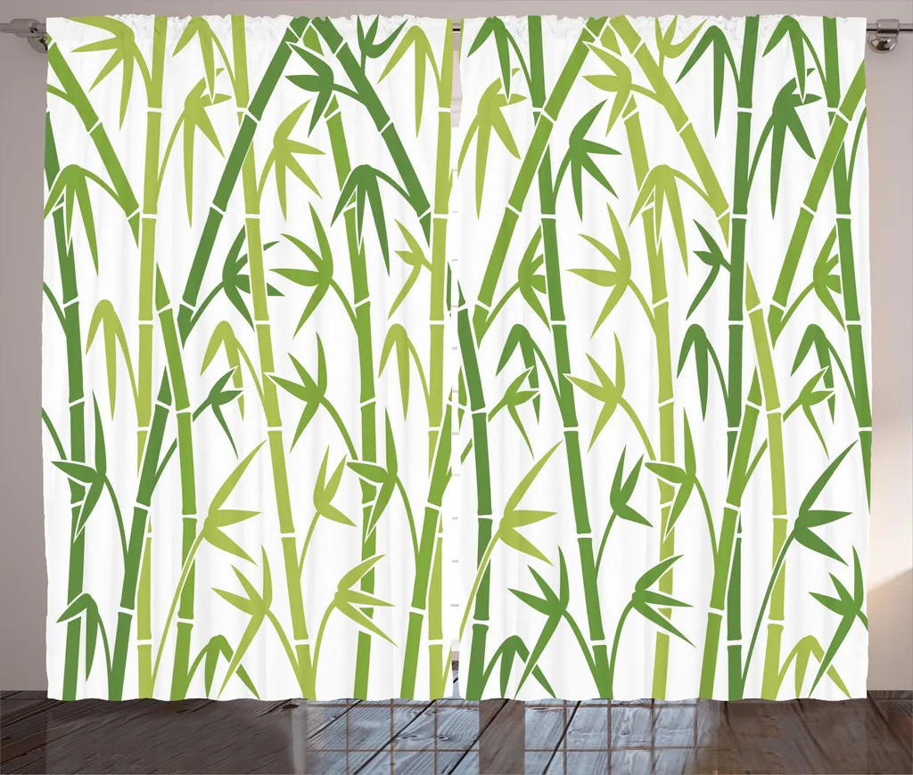 ABAKUHAUS Tenda rustica con foglie asiatiche, stile cartone animato bambù, tenda con nastro arricciato per camera da letto con passanti e ganci, 280 x 245 cm, verde e verde chiaro