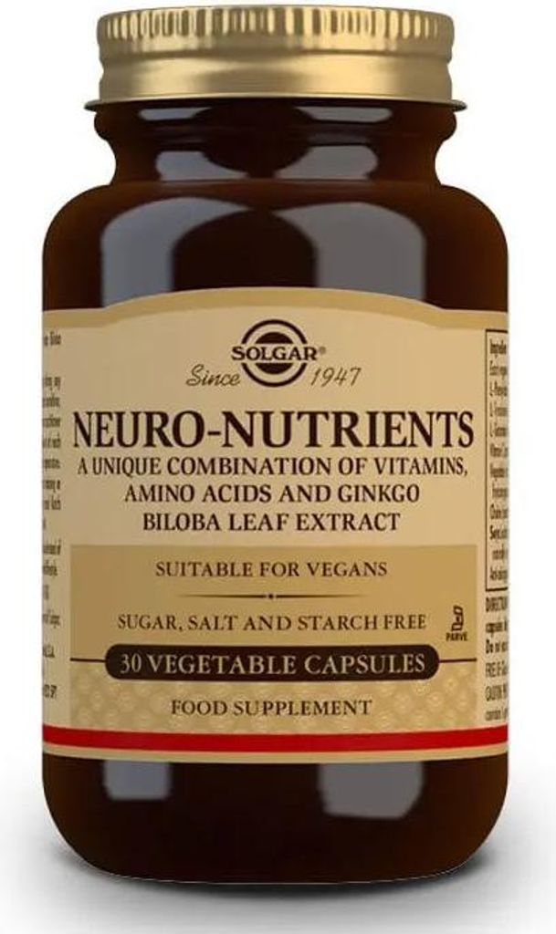 A studio shot of a bottle of Solgar Neuro Nutrients.