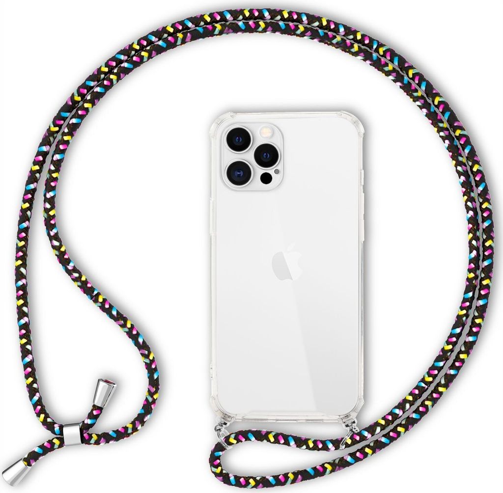 NALIA Handy Hülle mit Kette für iPhone 12 Pro Max, Hard Case Kordel Cover Bumper Schwarz Bunt